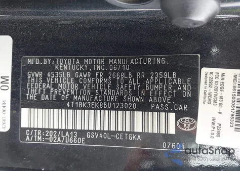 2011 Toyota Camry Xle V6 from USA, damaged, VIN 4T1BK3EK8BU123020
